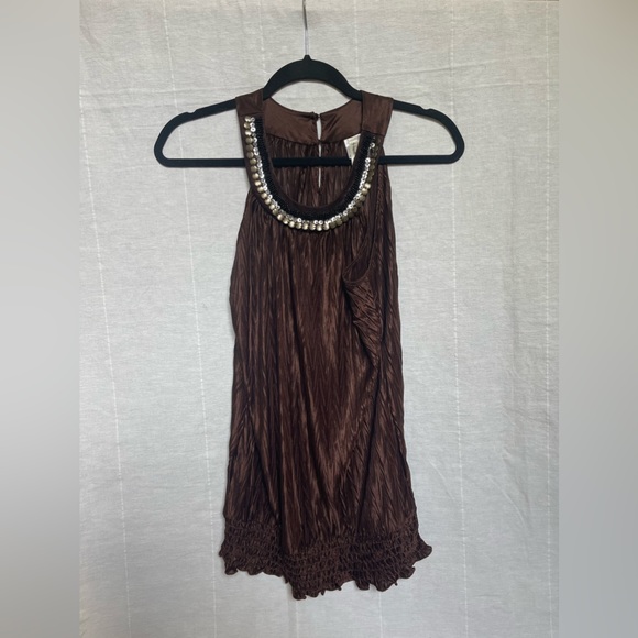 Tops - Vintage beaded Tanktop halter brown silky women’s size medium summer